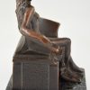 Art Nouveau bronzen doos sculptuur naakte vrouw op bank