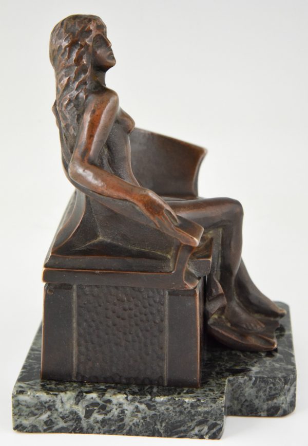 Art Nouveau bronze box sculpture nude on a bench