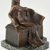 Art Nouveau bronzen doos sculptuur naakte vrouw op bank