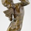 Antique bronze sculpture satyr with flute