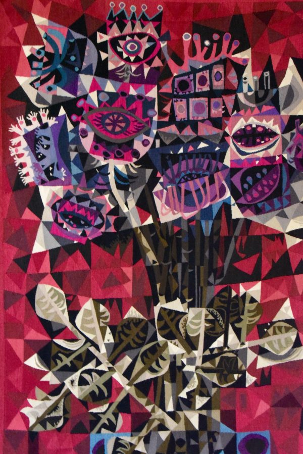 Mid century handgeweven wandtapijt abstract 1969 Boeket