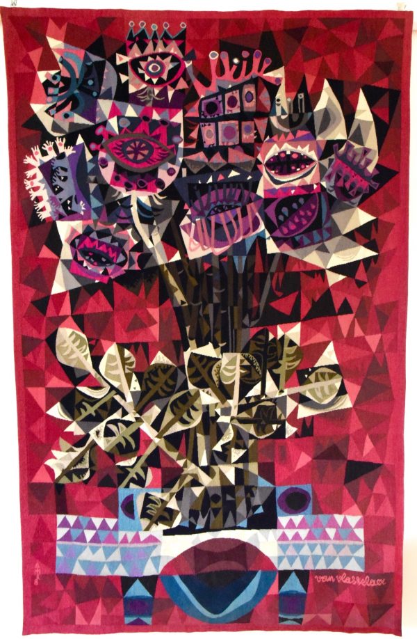 Mid century handgeweven wandtapijt abstract 1969 Boeket