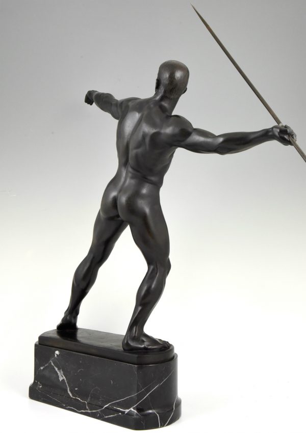 Art Deco bronzen beeld naakte man met speer