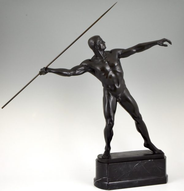 Art Deco bronzen beeld naakte man met speer