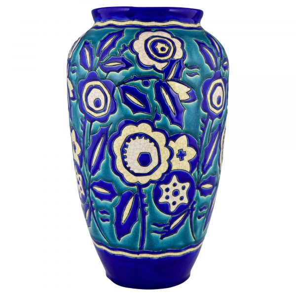 Art Deco Vase mit Blumen, Keramik.