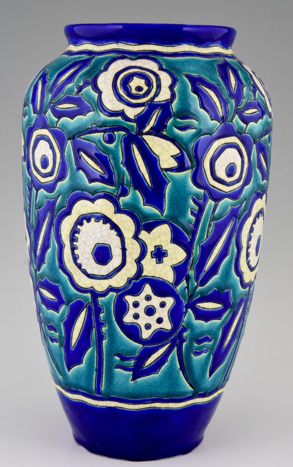 Art Deco vase en céramique decor florale.