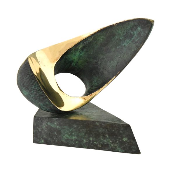 Abstract bronze oval shaped sculpture.