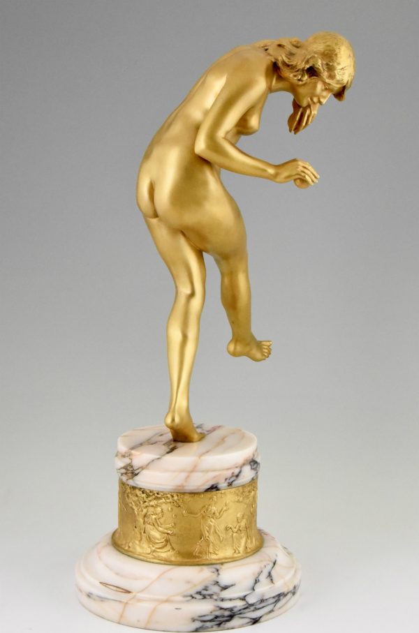 Art Deco gilt bronze nude dancer with apple