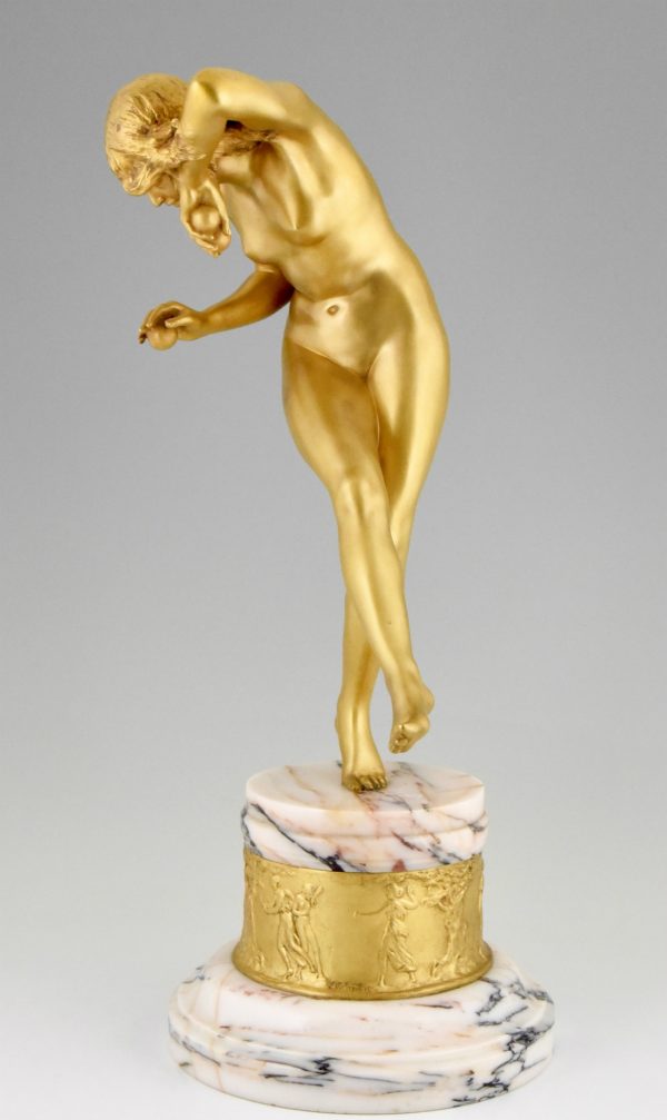 Art Deco gilt bronze nude dancer with apple