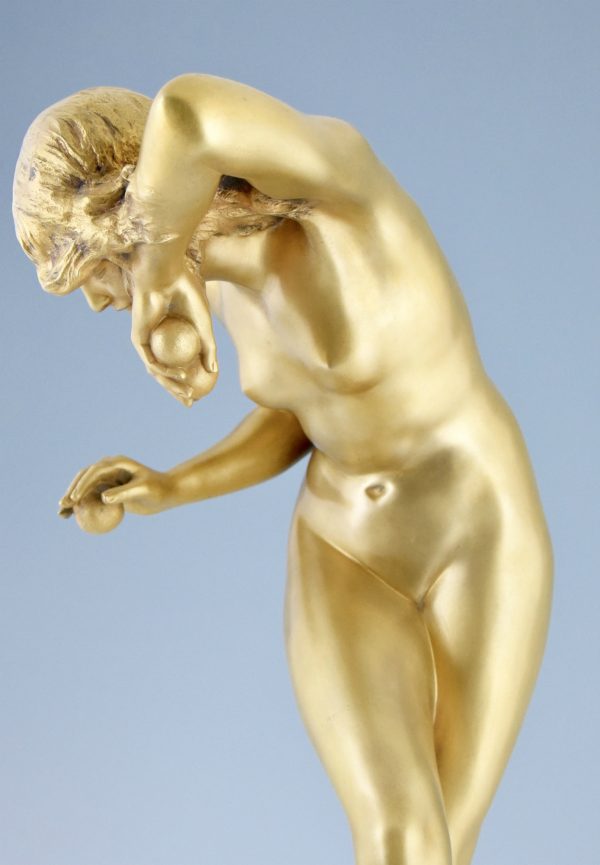 Art Deco gilt bronze nude dancer with apple