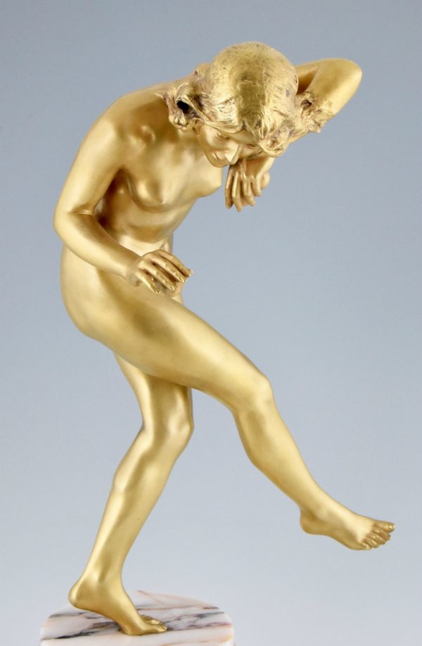 Art Deco gilt bronze nude dancer with apple