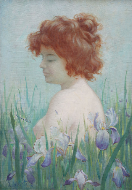 Jugendstil Gemälde Frauenakt mit Iris