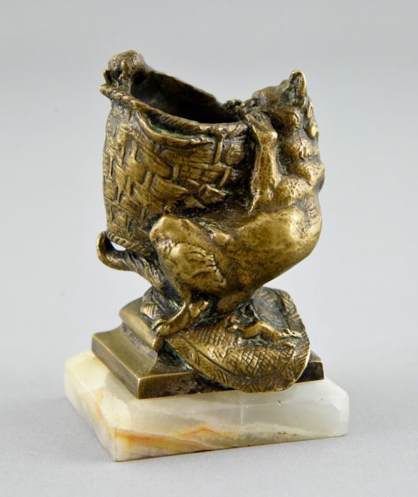 Antique bronze toothpick holder with cat & mice.