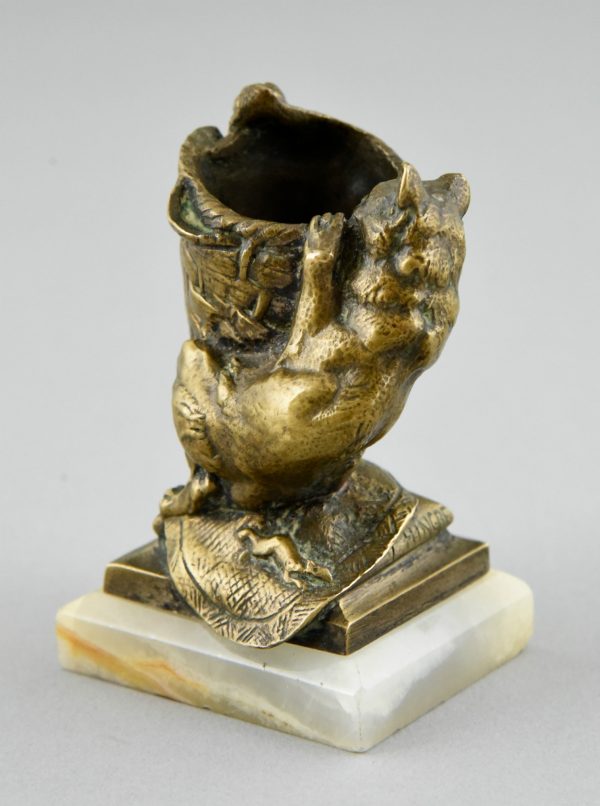 Antique bronze toothpick holder with cat & mice.