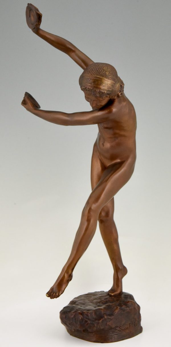 Art Nouveau bronzen sculptuur naakt met cymbalen