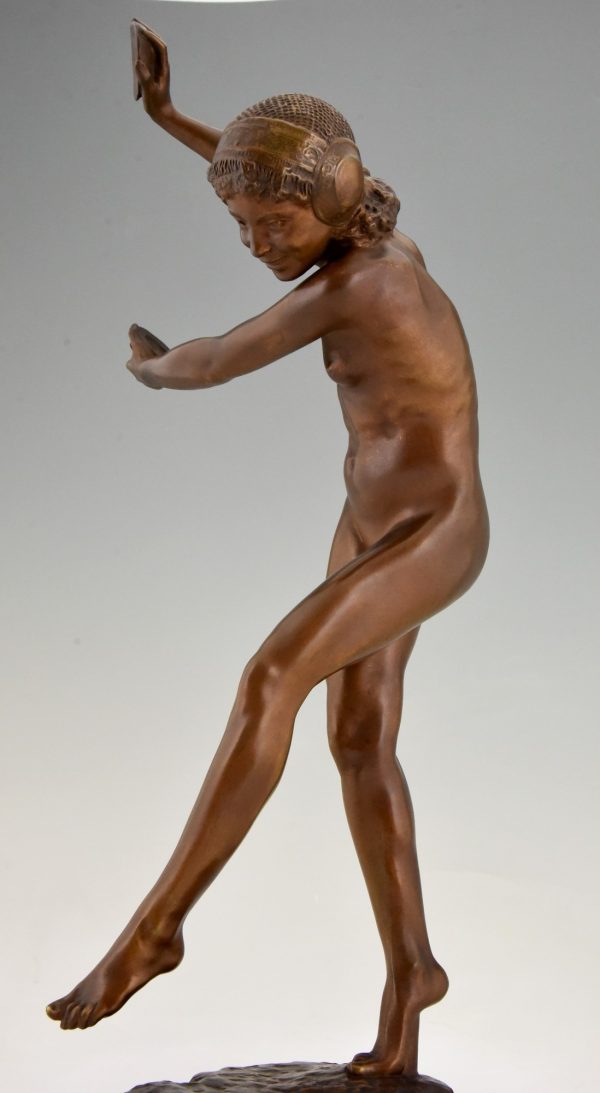 Art Nouveau bronze sculpture nude with cymbals