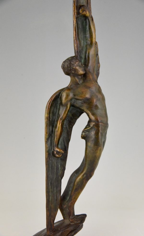 Art Deco bronze sculpture of Icarus winged male nude