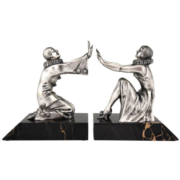 Art Deco bronze bookends Pierrot and female clown