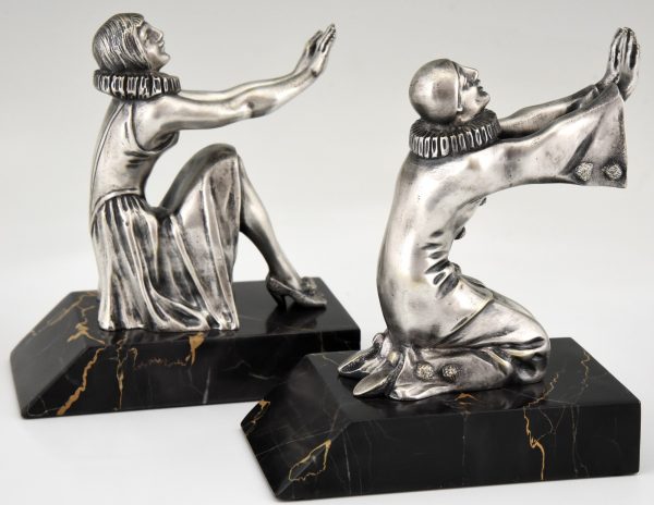 Art Deco bronze bookends Pierrot and female clown