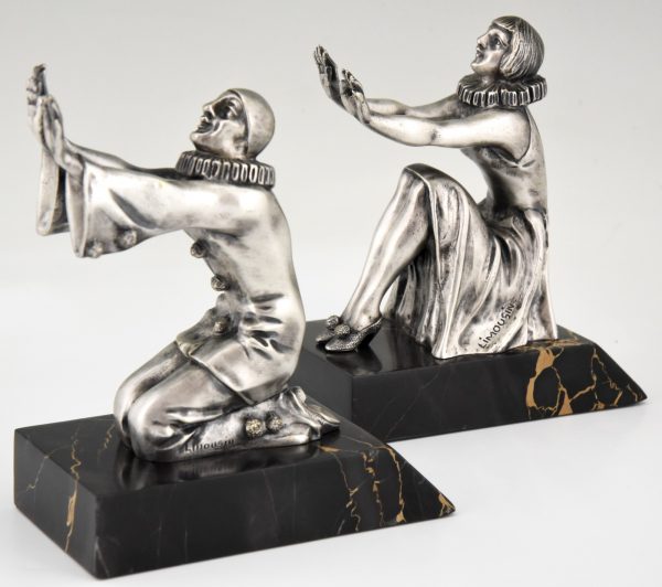 Art Deco serre livres bronze Pierrot et Colombine