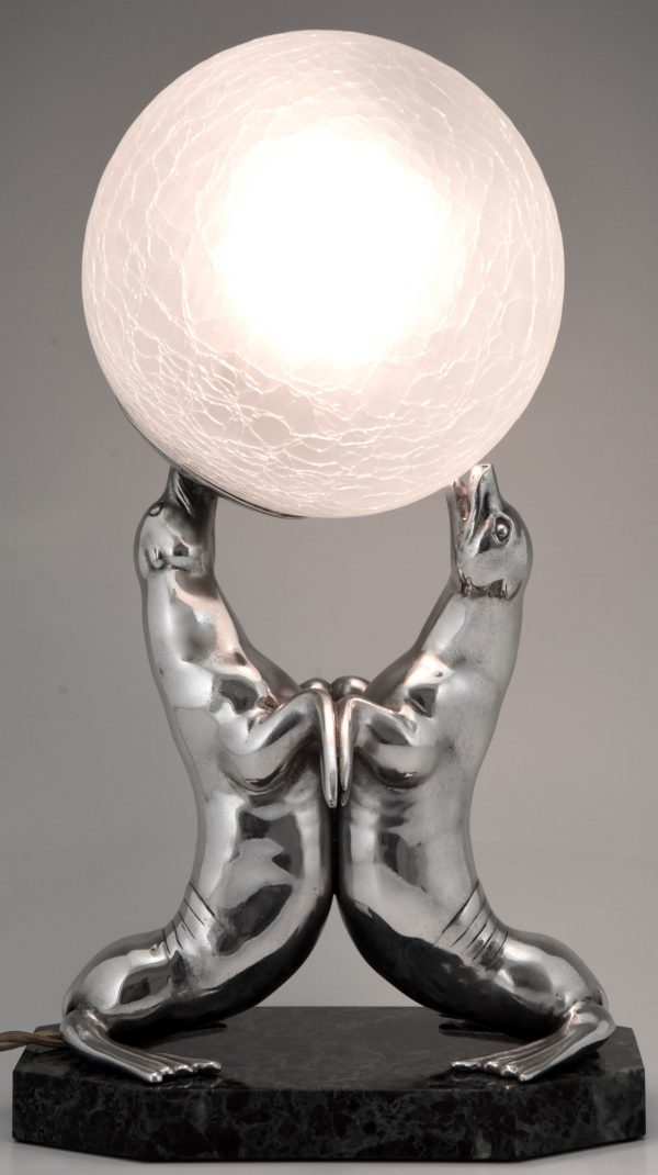 Art Deco silvered lamp of two seal playing with a ball