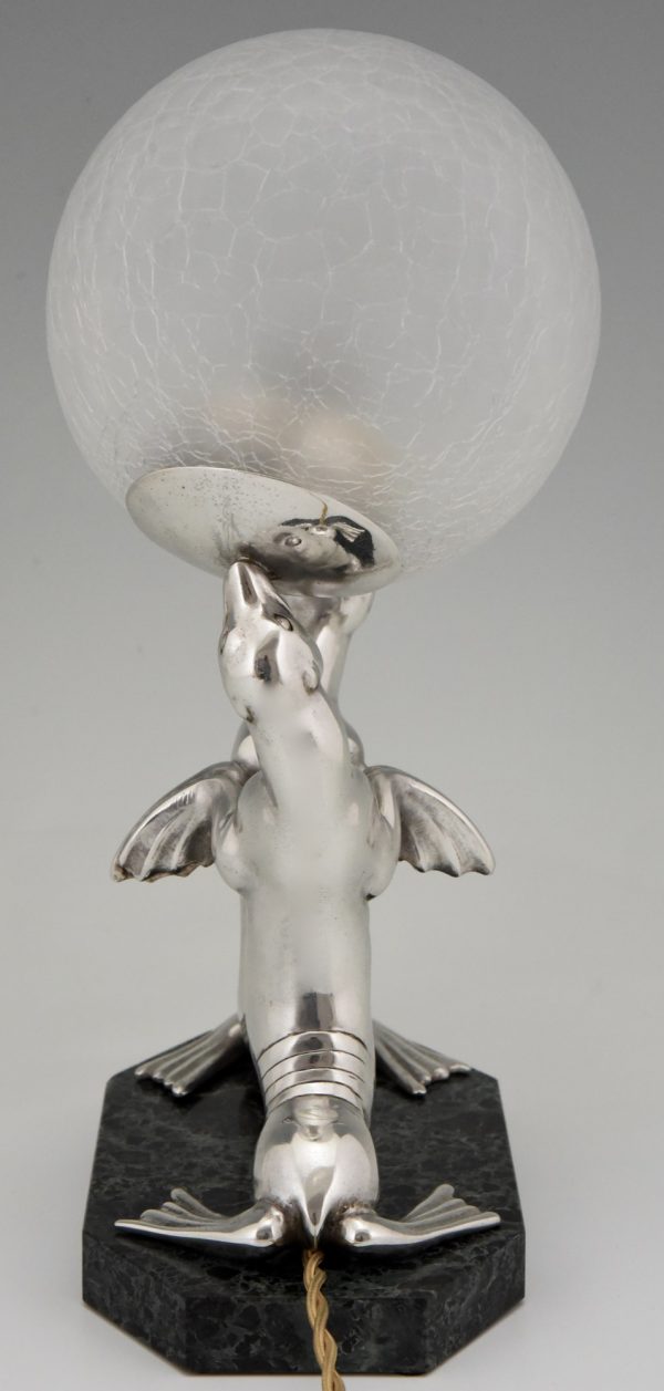 Art Deco silvered lamp of two seal playing with a ball