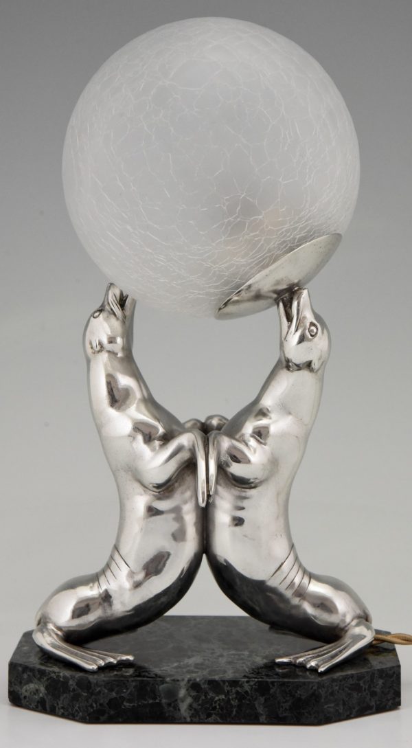 Art Deco silvered lamp of two seal playing with a ball