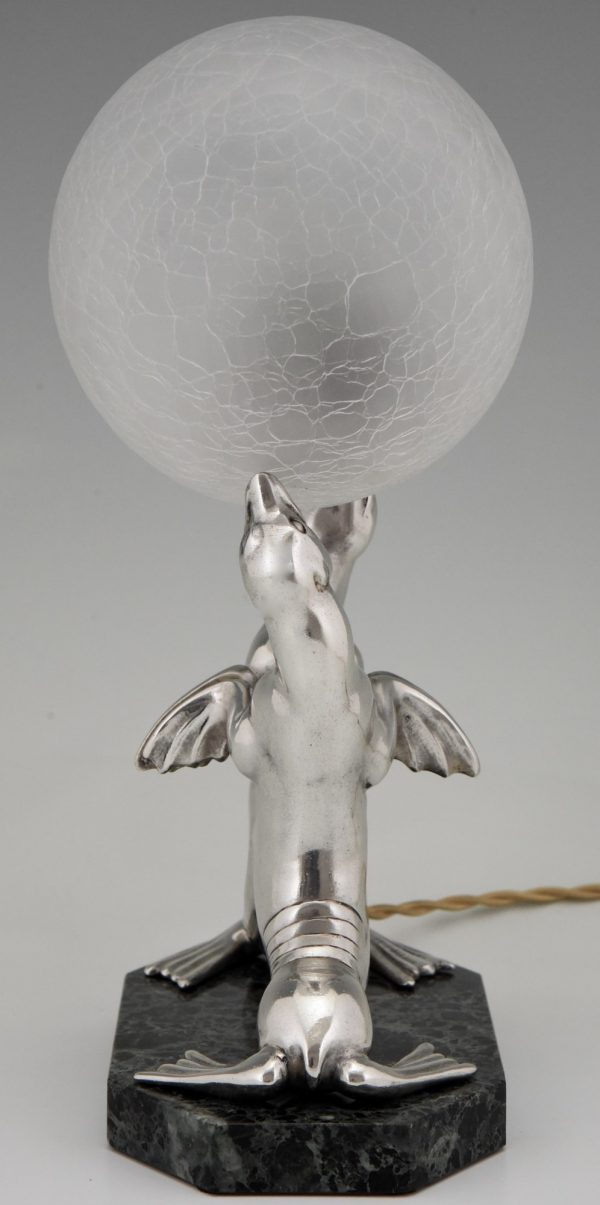 Art Deco silvered lamp of two seal playing with a ball