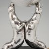 Art Deco silvered lamp of two seal playing with a ball