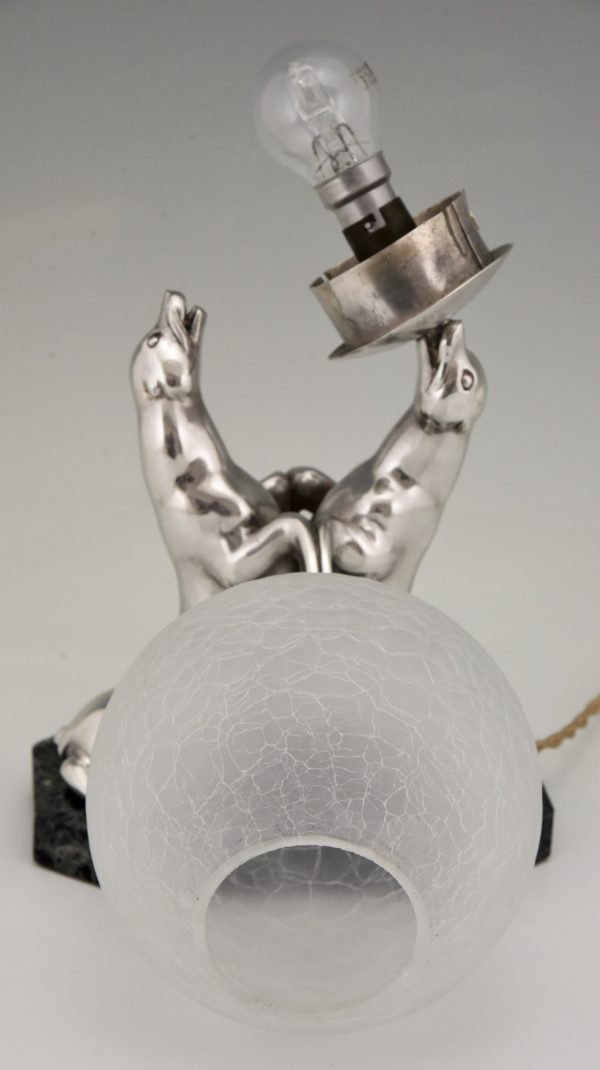 Lampe argenté Art Deco deux phoques aux ballon