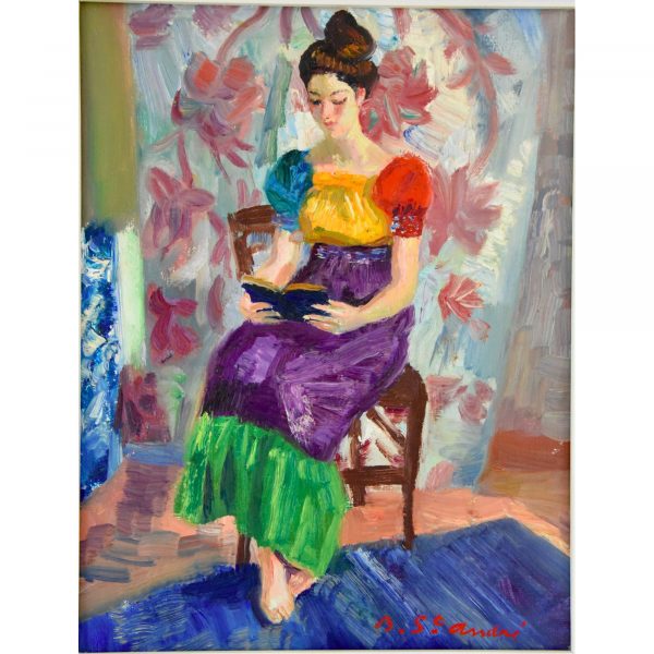 Schilderij, lezende vrouw op een stoel.
