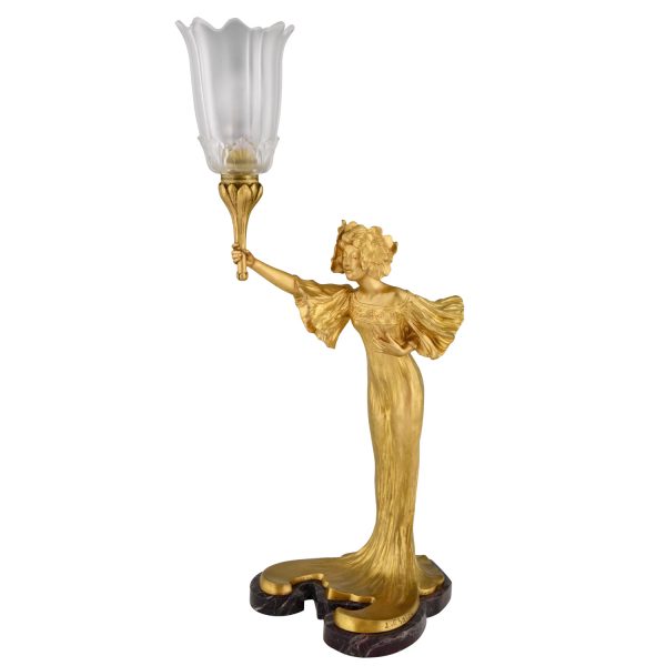 French gilt bronze Art Nouveau lamp woman holding a torch