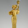 Jugendstil verguld bronzen lamp vrouw met toorts