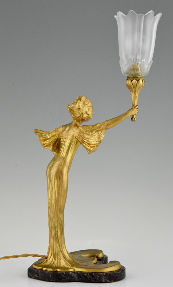 French gilt bronze Art Nouveau lamp woman holding a torch