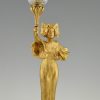 Jugendstil Lampe Bronze vergoldet Frau mit Fackel