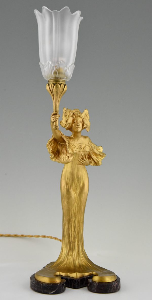 Jugendstil Lampe Bronze vergoldet Frau mit Fackel