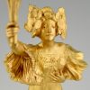 Jugendstil Lampe Bronze vergoldet Frau mit Fackel