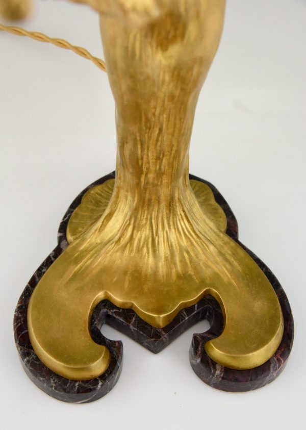 Jugendstil Lampe Bronze vergoldet Frau mit Fackel