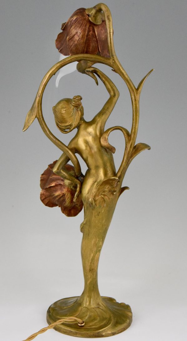 Art Nouveau lampe en bronze femme aux fleurs