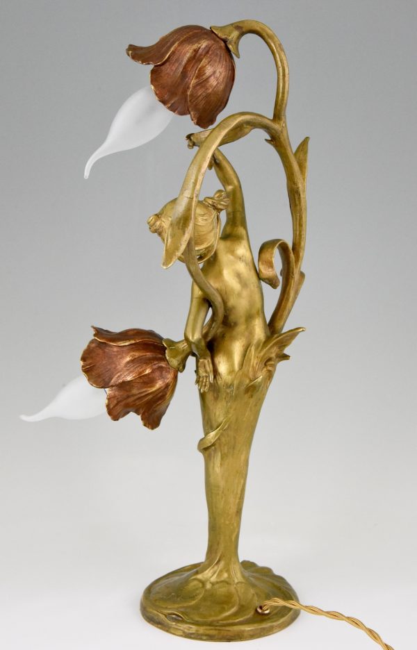 Art Nouveau lampe en bronze femme aux fleurs