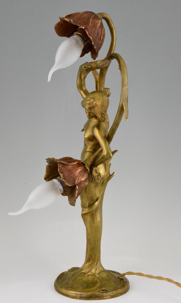 Jugendstil lamp in brons naakte vrouw met bloemen