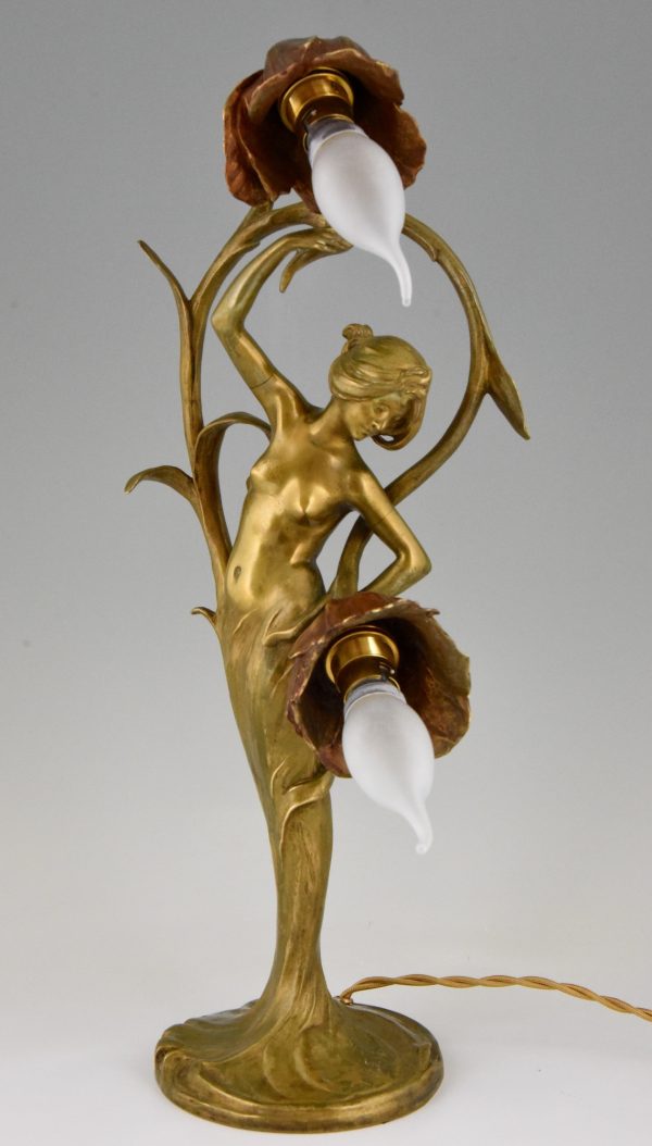 Art Nouveau bronze lamp nude lady with flowers