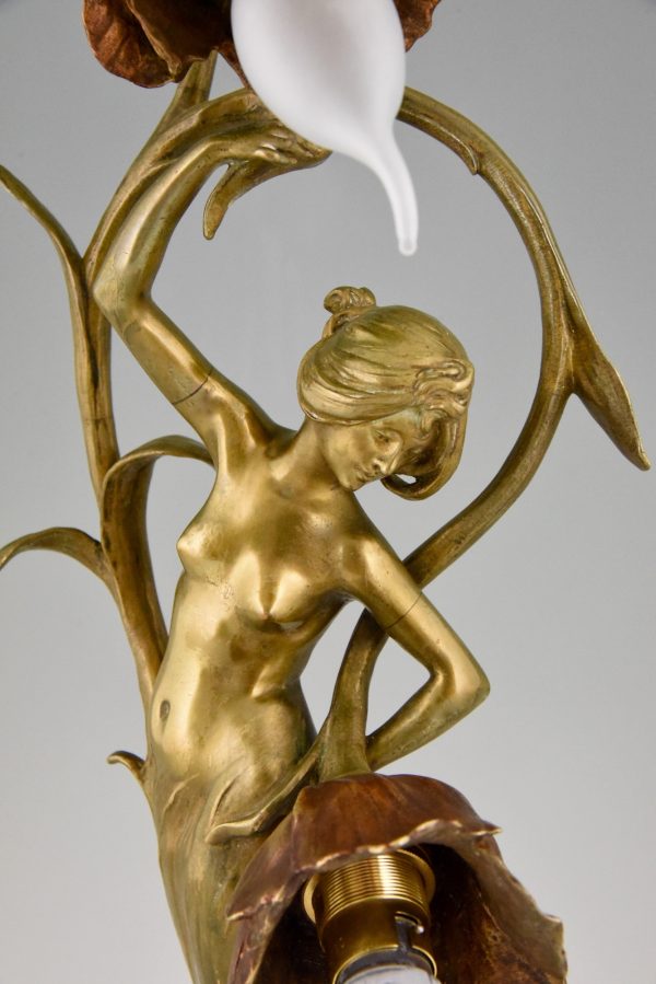Art Nouveau bronze lamp nude lady with flowers