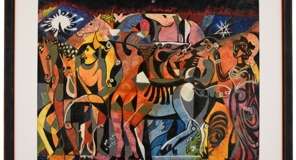 Aquarell Zirkusszene mit Pferden und Figuren 1960