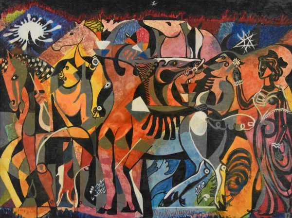 Aquarel circus scène met paarden 1960