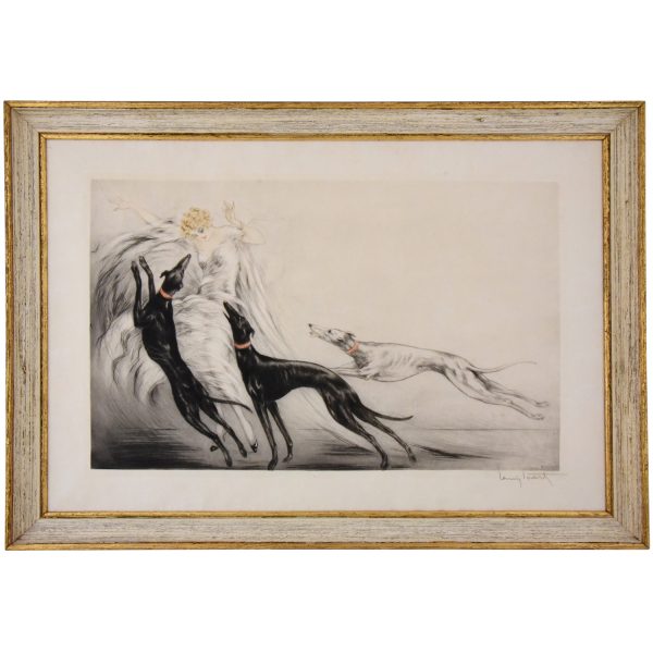 Coursing, Art Deco etching elegant lady with grey hound dogs