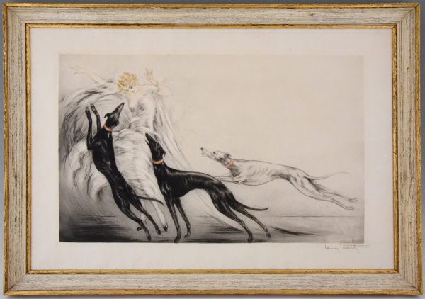 Coursing, Art Deco etching elegant lady with grey hound dogs