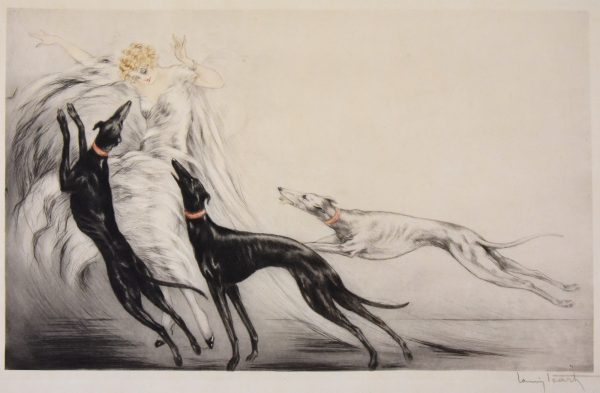 Coursing, Art Deco etching elegant lady with grey hound dogs