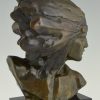 Art Deco bronzen beeld buste Indiaan met hoofdtooi