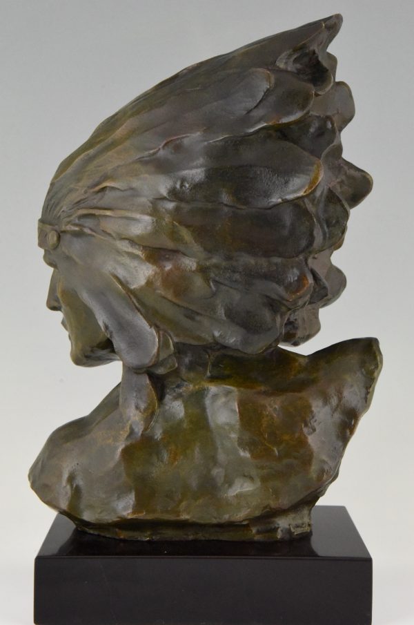 Art Deco bronze bust of an Indian with headdress